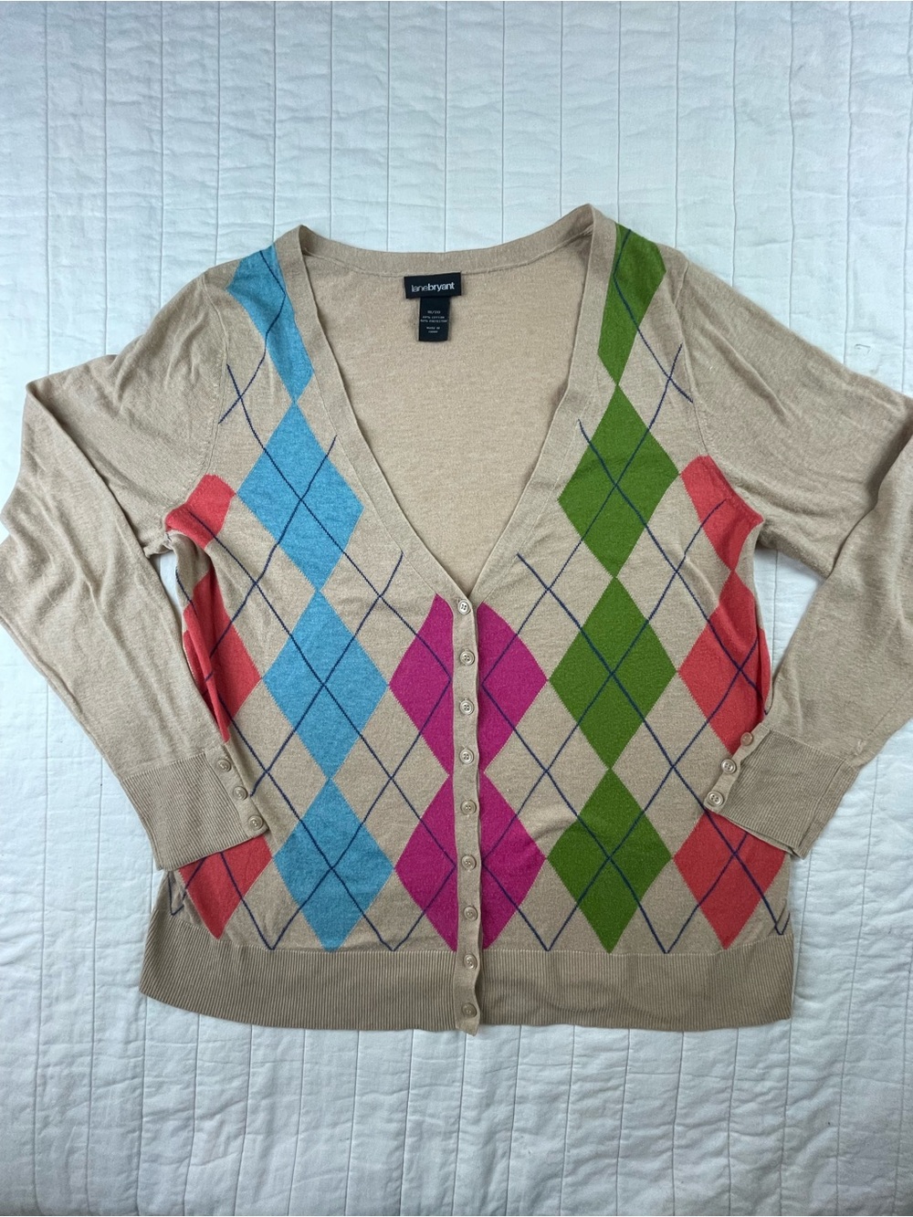 Lane Bryant Beige Argyle Lightweights Cardigan Sweater 18/20